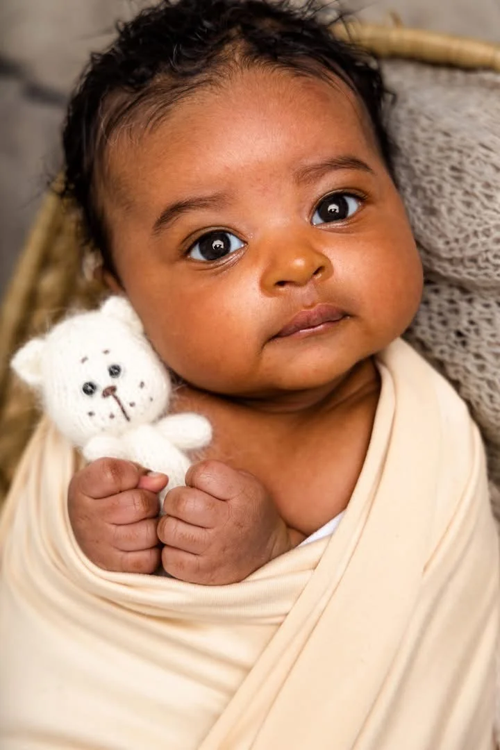 Baby wrapped in cream wrap holding white teddy bear, awake newborn photography Hartlepool
